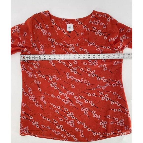 Cabi Chiffon Cherry Blossom Orange Red Floral Split Short Sleeve Top Sz M #5712 - Picture 10 of 10